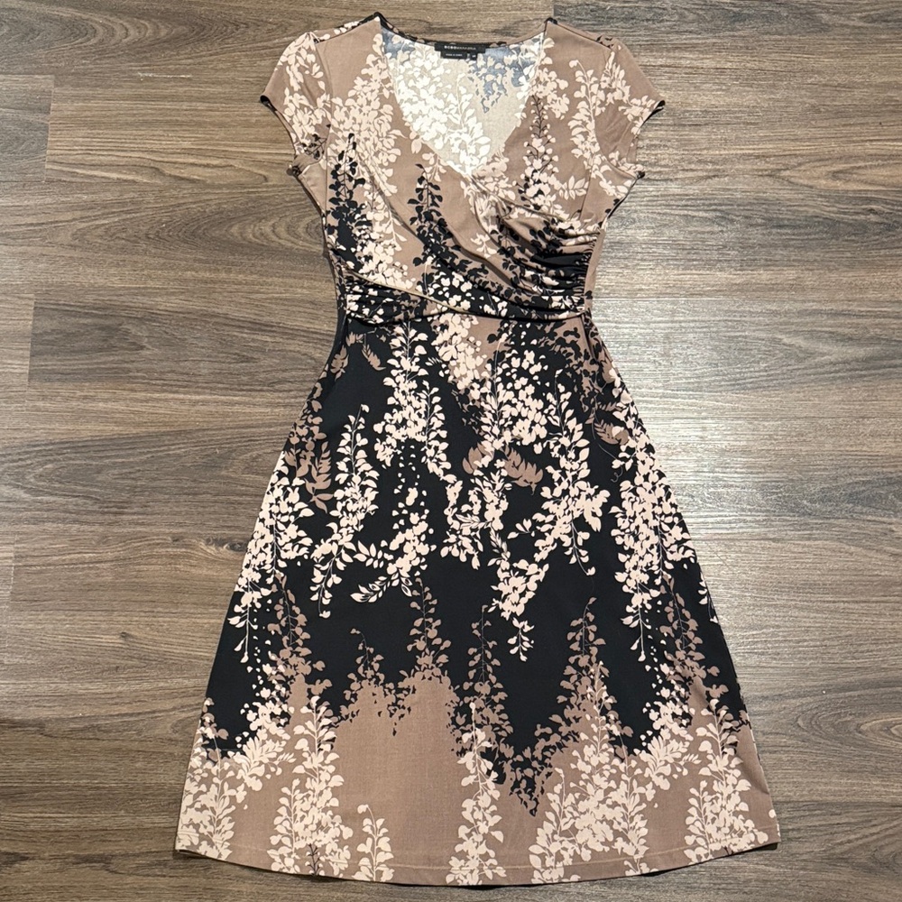 BCBG Floral Faux Wrap XS Dress in Black, Brown, and Tan